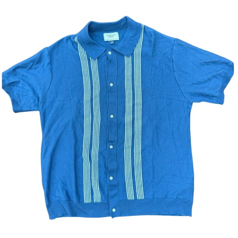 American Eagle Knit Polo Shirt Mens Medium Blue Stripe Button Up Excellent